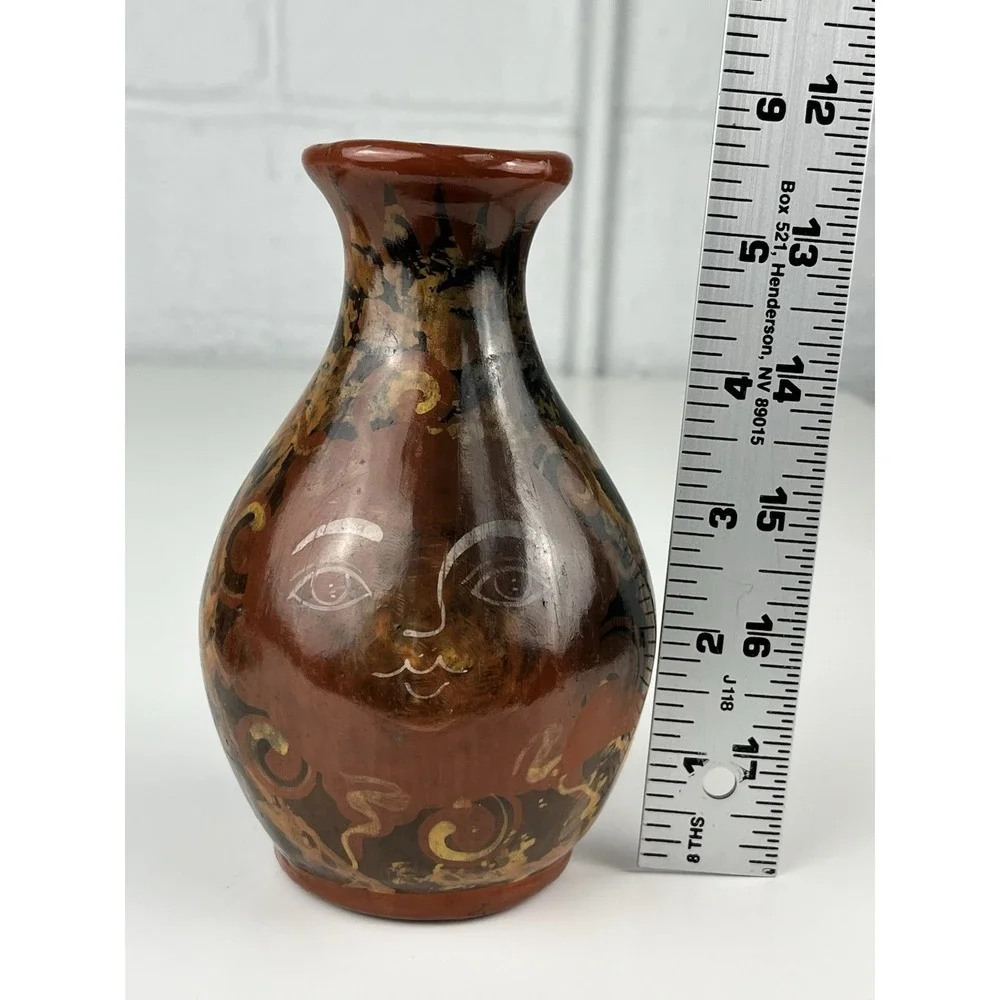 Tonala Pottery Vase Sun Angel Ortiz Gabriel Mexico Handpainted 5.75